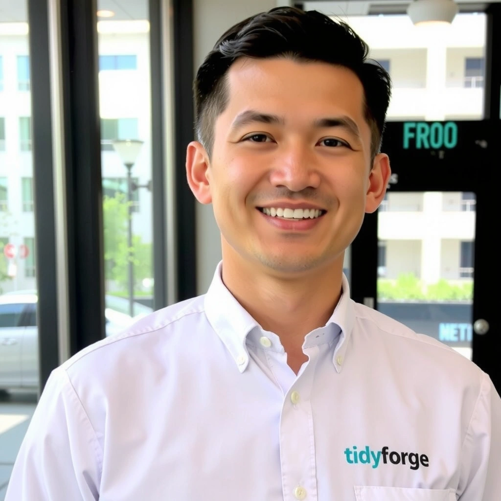 Portrait of David Lee, Lead Cleaning Specialist at TidyForge, looking professional and friendly