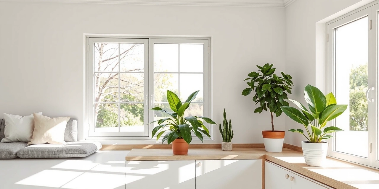 A bright, modern home interior, perfectly clean and organized, with sunlight streaming through a large window, showcasing sparkling surfaces and fresh plants.
