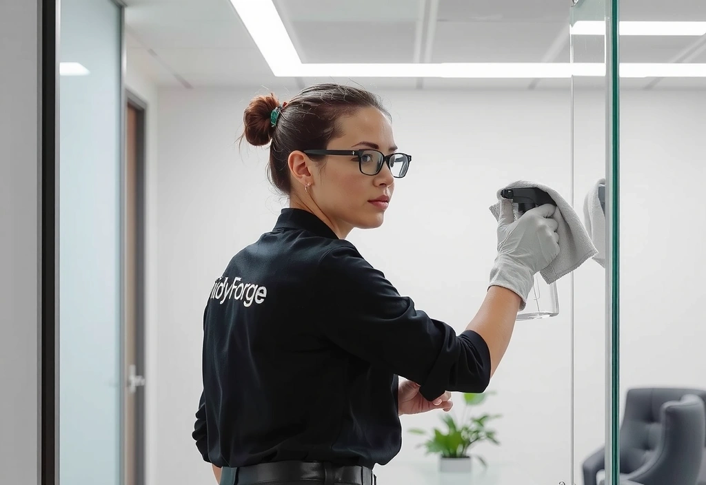 A TidyForge team member meticulously cleaning a glass surface with a microfiber cloth, focused and professional.