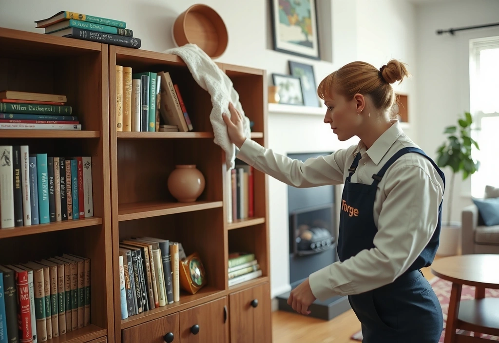 A TidyForge team member carefully organizing and dusting shelves in a residential setting.