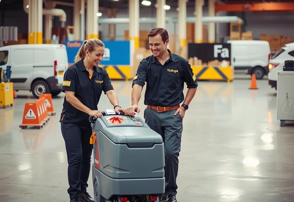 Two TidyForge team members working together to clean a large commercial floor with professional equipment.