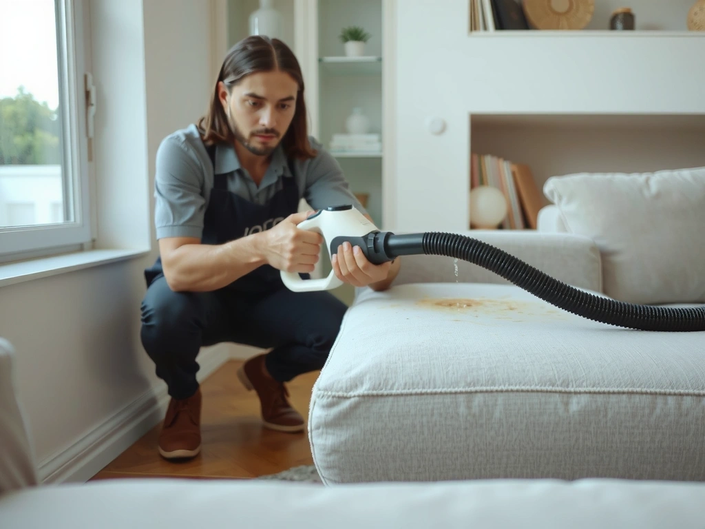 A close-up of a professional cleaning technician using a specialized tool to deep clean a sofa, with visible dirt being extracted, in a well-lit living room.