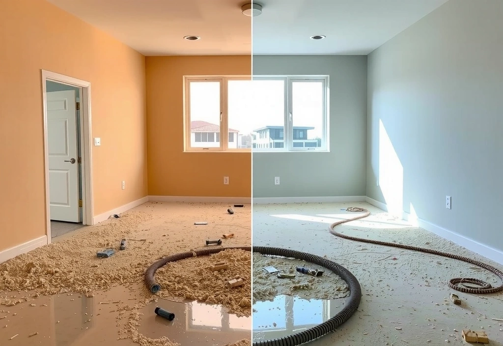 A freshly cleaned construction site interior, with gleaming floors, dust-free surfaces, and clear windows, showcasing the transformation from messy to pristine.