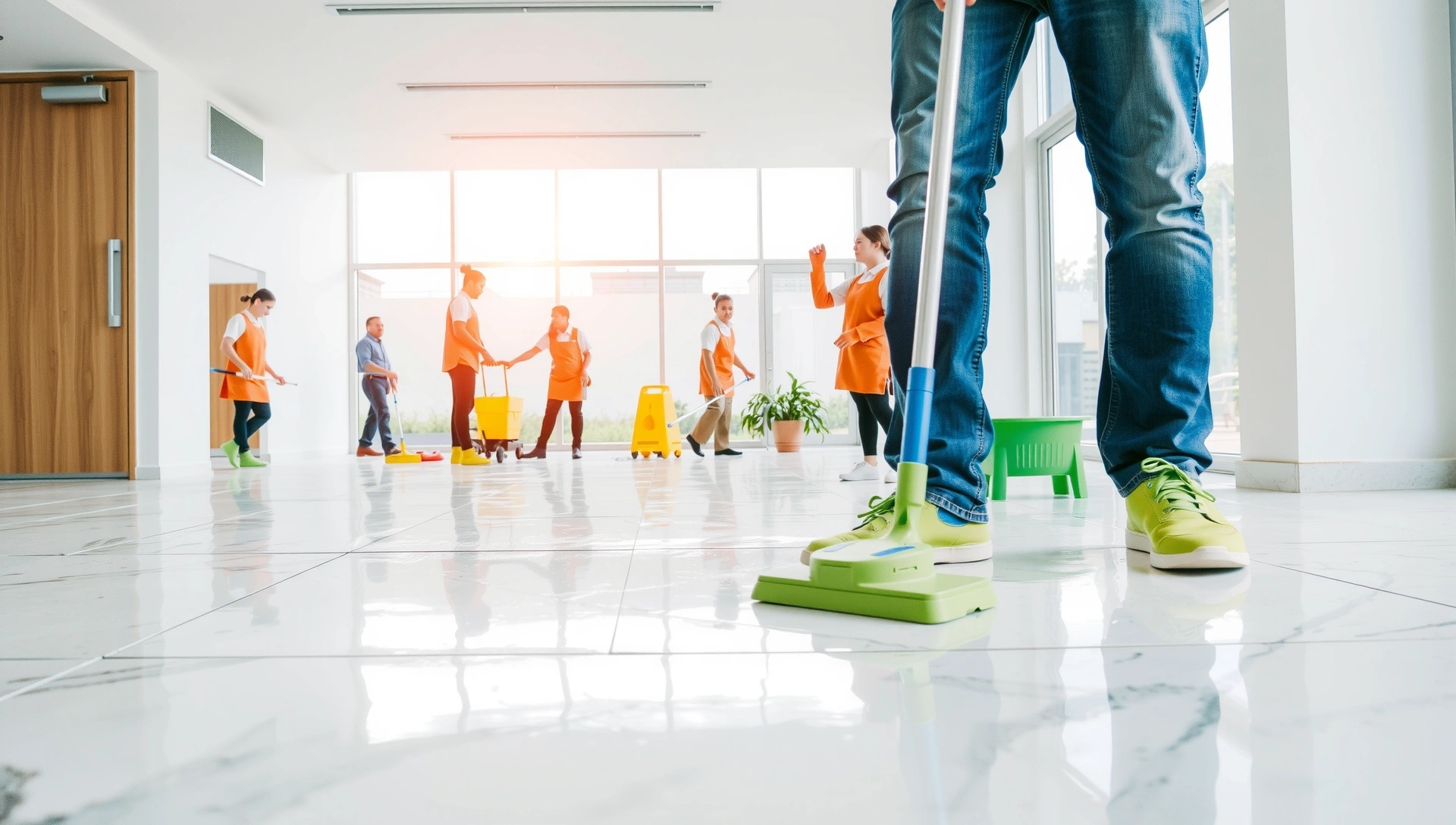 A team of professional cleaners performing various tasks in a modern, sparkling clean environment, showcasing different cleaning services like floor polishing, window washing, and dusting, with a bright and energetic atmosphere.