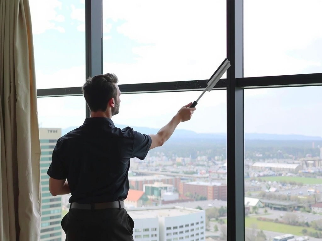 A professional window cleaner using a squeegee to clean a large, sparkling window, with a clear view of an urban landscape outside, emphasizing clarity and height.