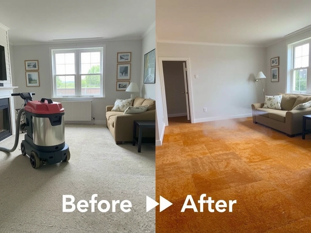 A professional carpet cleaning machine in action, with steam rising from a freshly cleaned, vibrant carpet, showing before and after effect in a modern living room.