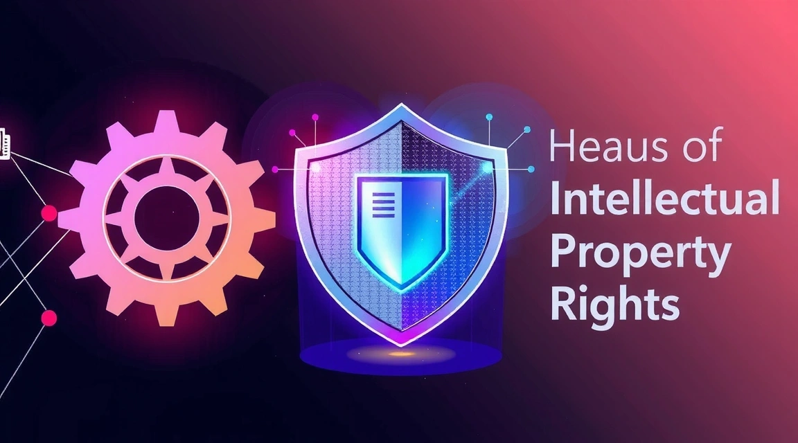 Abstract representation of intellectual property rights with gears and documents